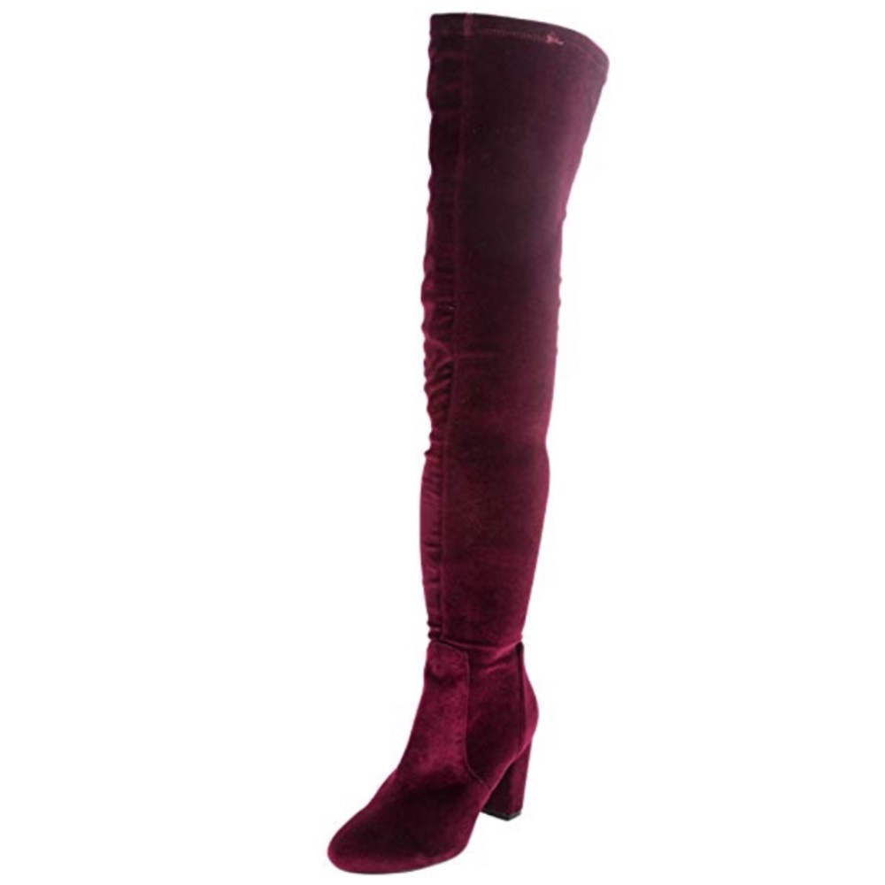 Burgundy Wine Velvet Block Heel Over The Knee Boot - Picture 4 of 5